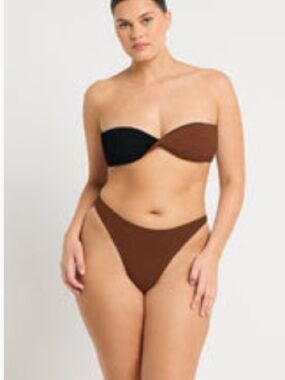 Bond-Eye Strapless Two-Tone Bandeau Bikini Set - Brown/Black